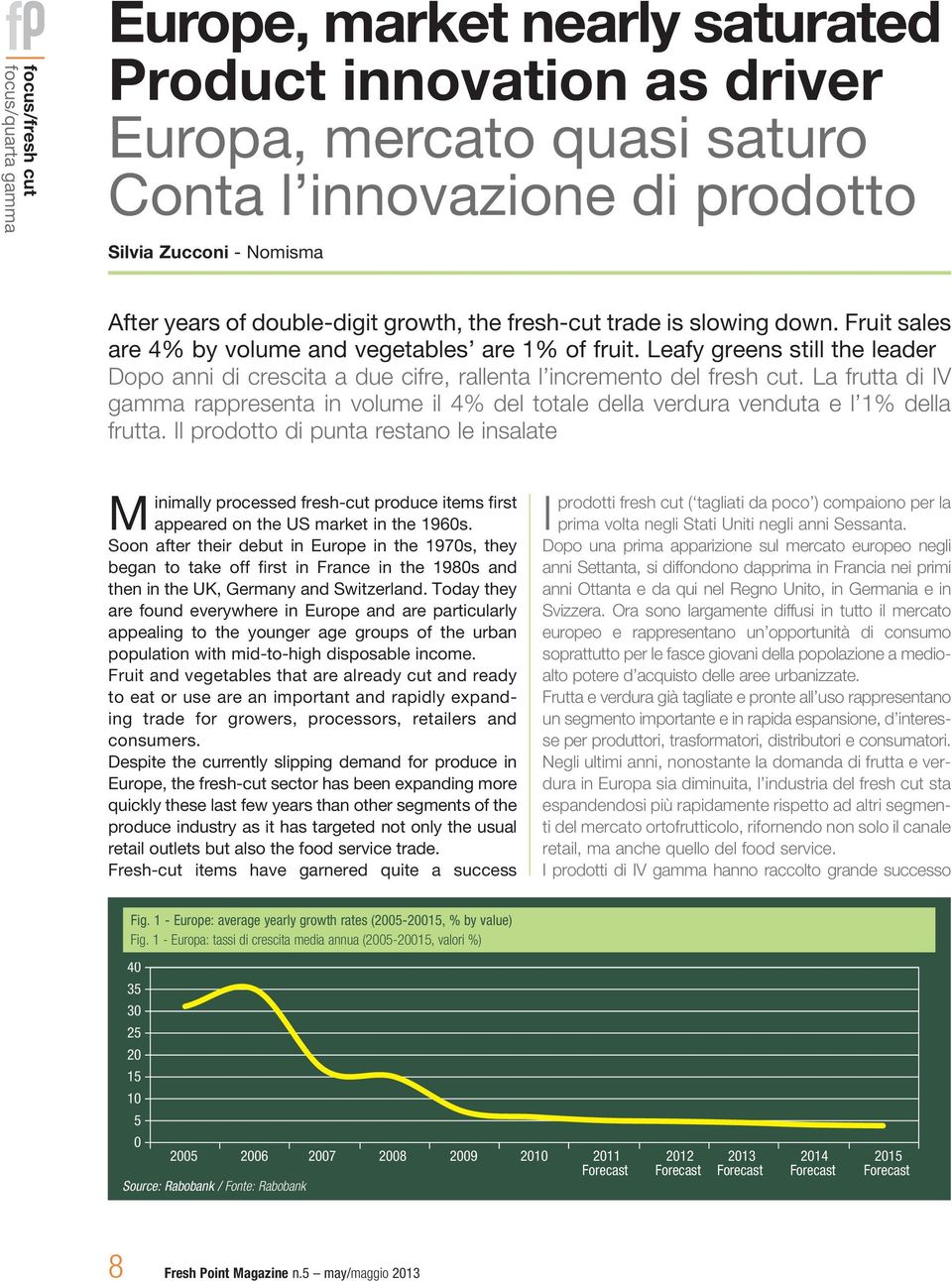 Leafy greens still the leader Dopo anni di crescita a due cifre, rallenta l incremento del fresh cut.