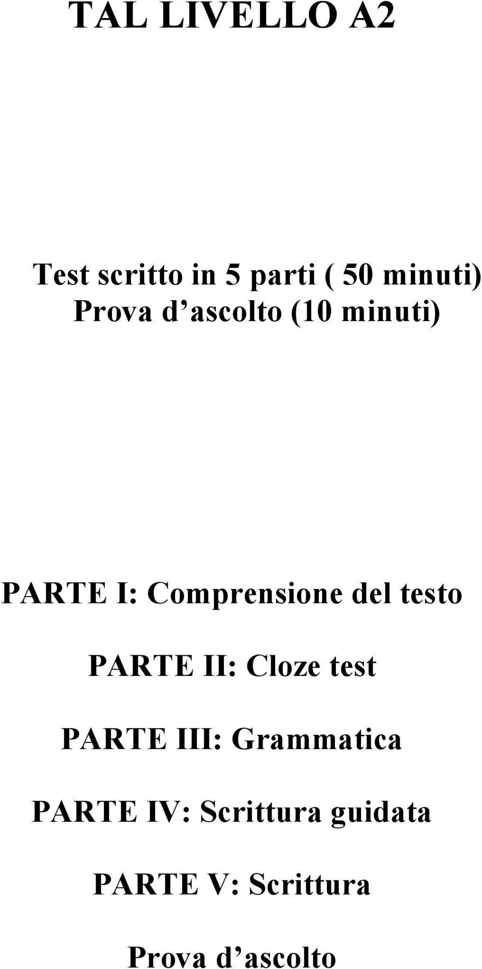 testo PARTE II: Cloze test PARTE III: Grammatica PARTE