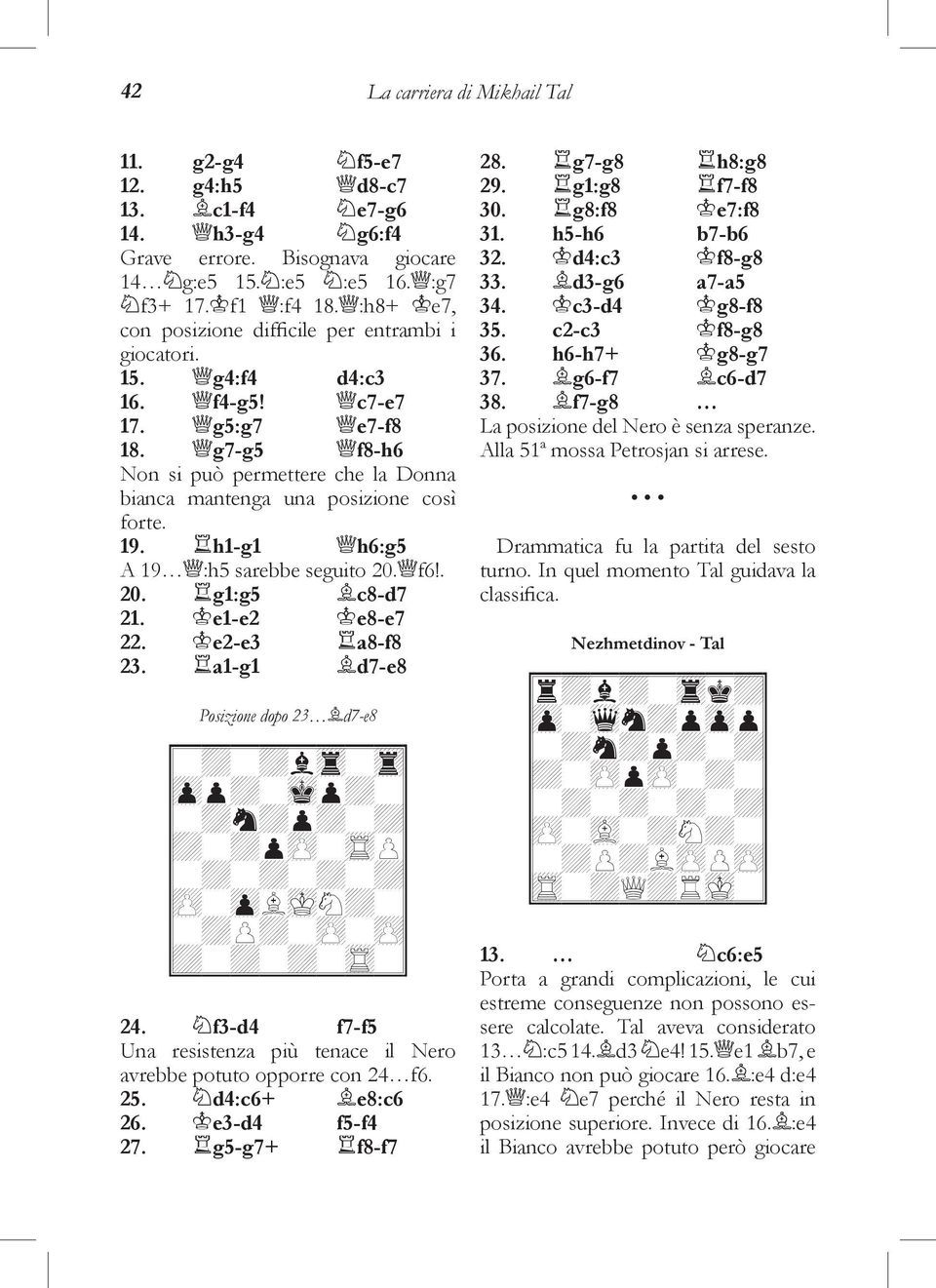 19. h1-g1 h6:g5 A 19 :h5 sarebbe seguito 20. f6!. 20. g1:g5 c8-d7 21. e1-e2 e8-e7 22. e2-e3 a8-f8 23. a1-g1 d7-e8 Posizione dopo 23 d7-e8 I?@?@+0?0J I$#@?8#@?J I?@'@#@?@J I@?@#"?.!J I?@?@?@?@J I"?