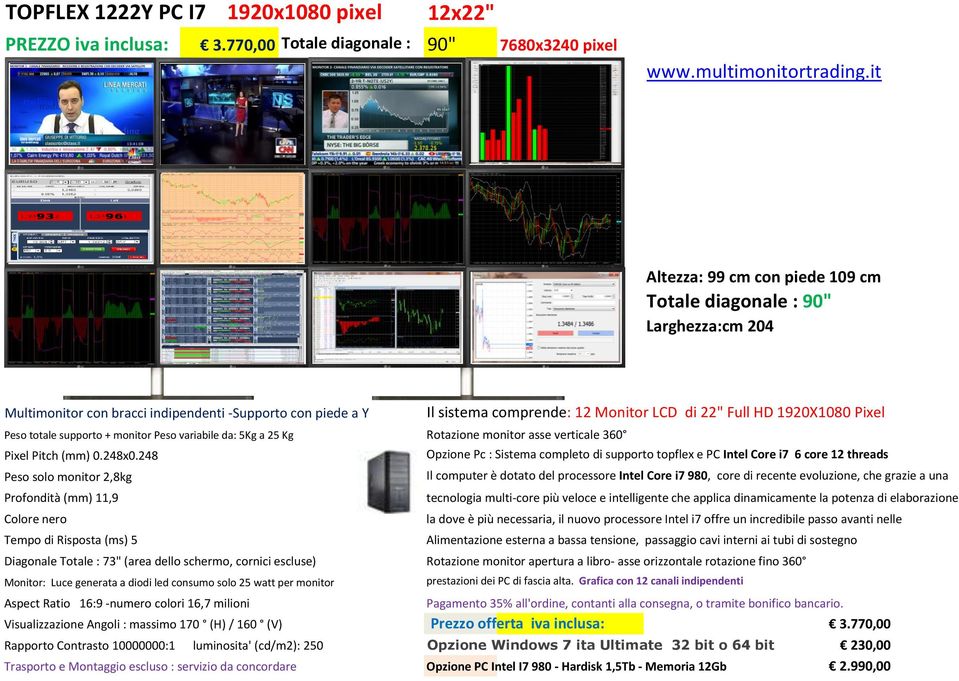 Pixel Peso totale supporto + monitor Peso variabile da: 5Kg a 25 Kg Rotazione monitor asse verticale 360 Pixel Pitch (mm) 0.248x0.