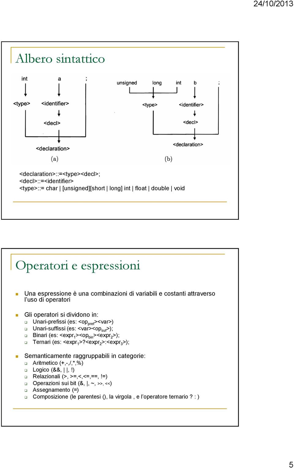 (es: <var><op suf >); Binari (es: <expr 1 ><op bin ><expr 2 >); Ternari (es: <expr 1 >?