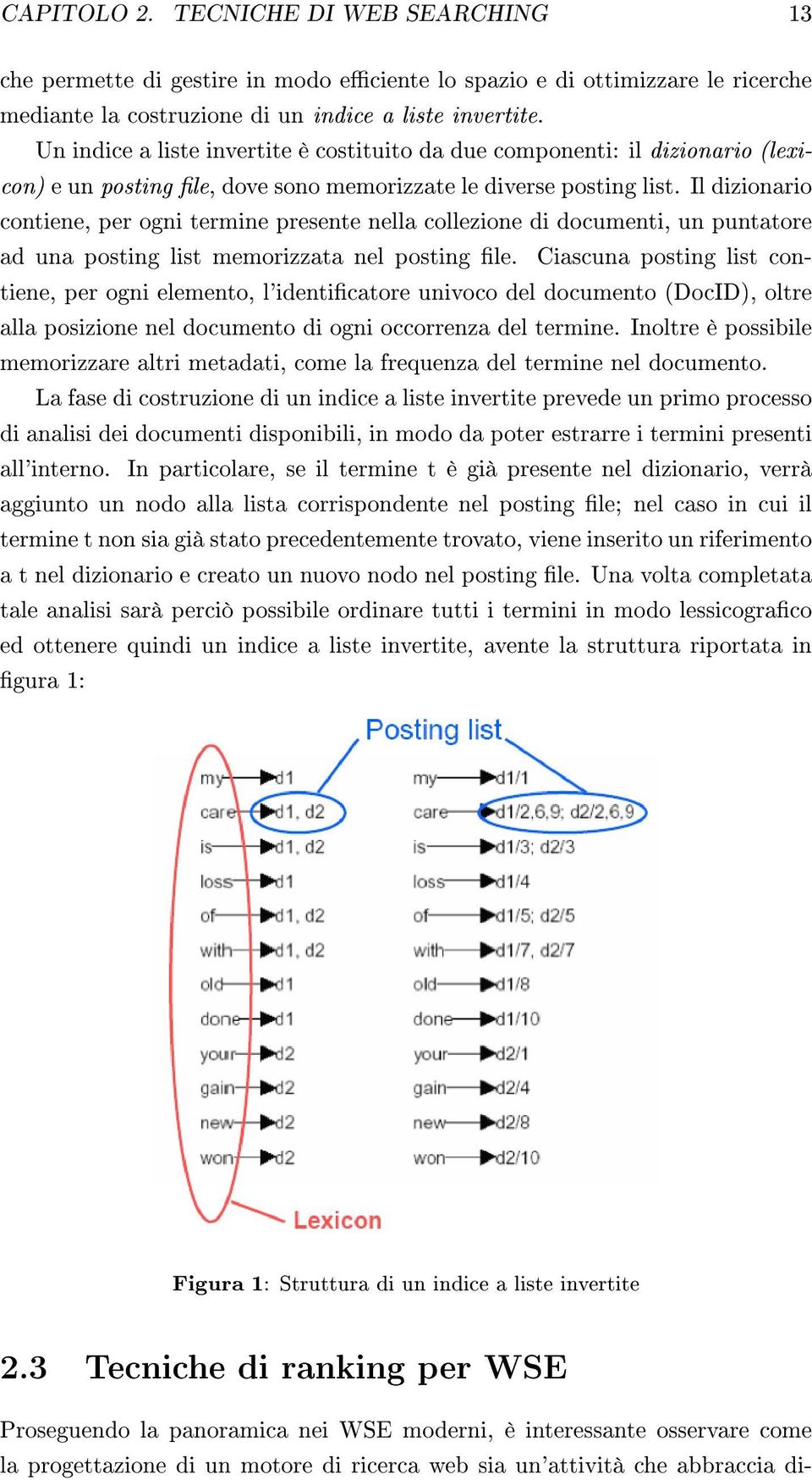 Il dizionario contiene, per ogni termine presente nella collezione di documenti, un puntatore ad una posting list memorizzata nel posting le.