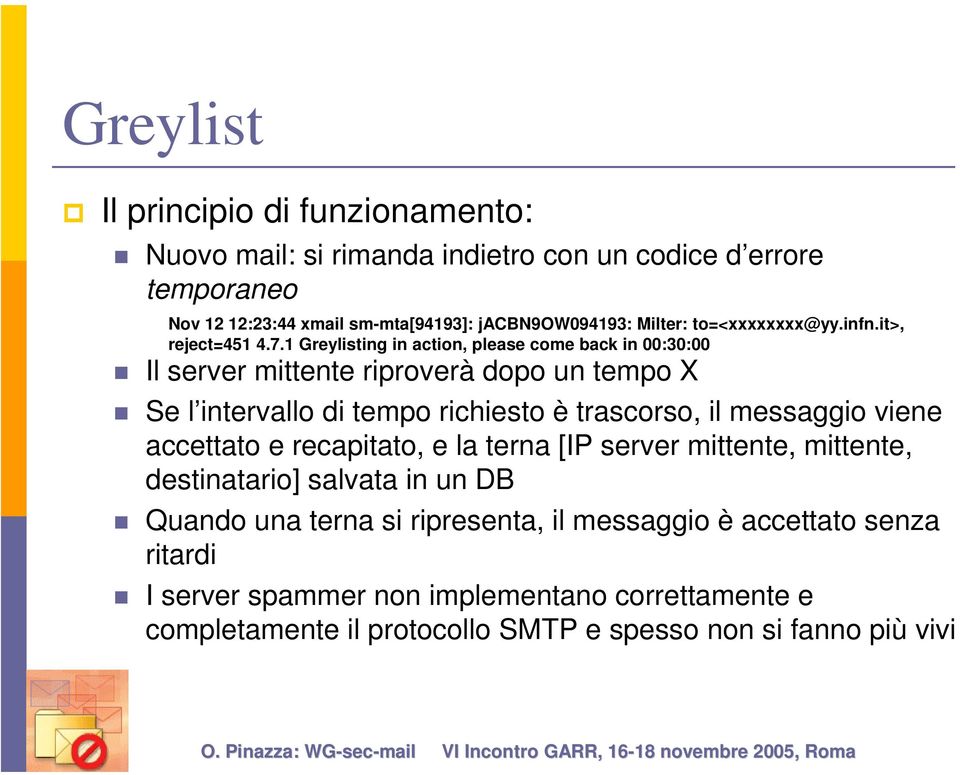 1 Greylisting in action, please come back in 00:30:00 Il server mittente riproverà dopo un tempo X Se l intervallo di tempo richiesto è trascorso, il messaggio