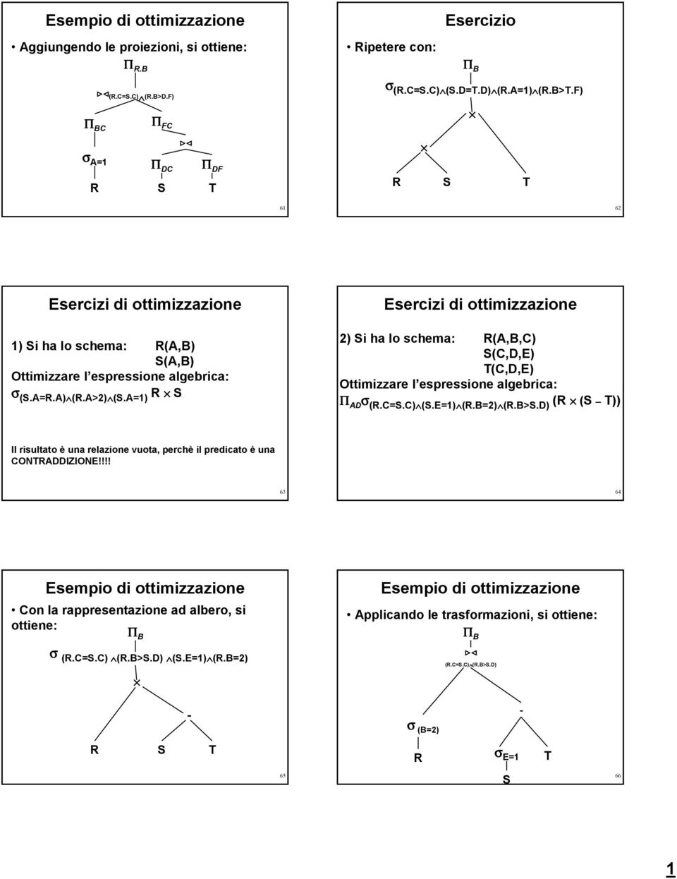 A=) Esercizi di ottimizzazione ) i ha lo schema: (A,B,C) (C,D,E) T(C,D,E) Ottimizzare l espressione algebrica: Π AD σ (.C=.C) (.E=) (.B=) (.B>.