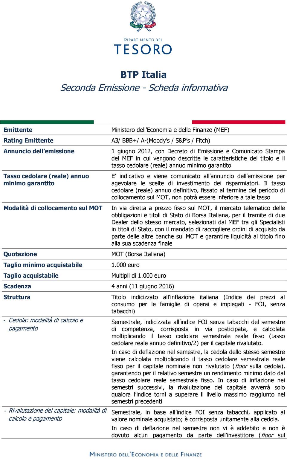 vengono descritte le caratteristiche del titolo e il tasso cedolare (reale) annuo minimo garantito E indicativo e viene comunicato all annuncio dell emissione per agevolare le scelte di investimento