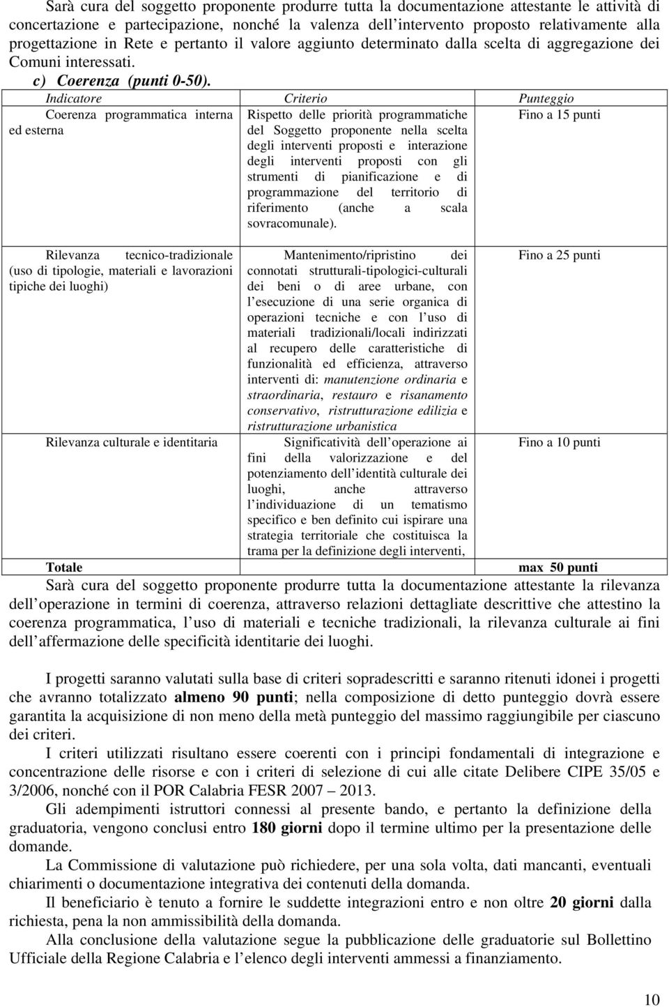 Indicatore Criterio Punteggio Coerenza programmatica interna ed esterna Rilevanza tecnico-tradizionale (uso di tipologie, materiali e lavorazioni tipiche dei luoghi) Rilevanza culturale e identitaria