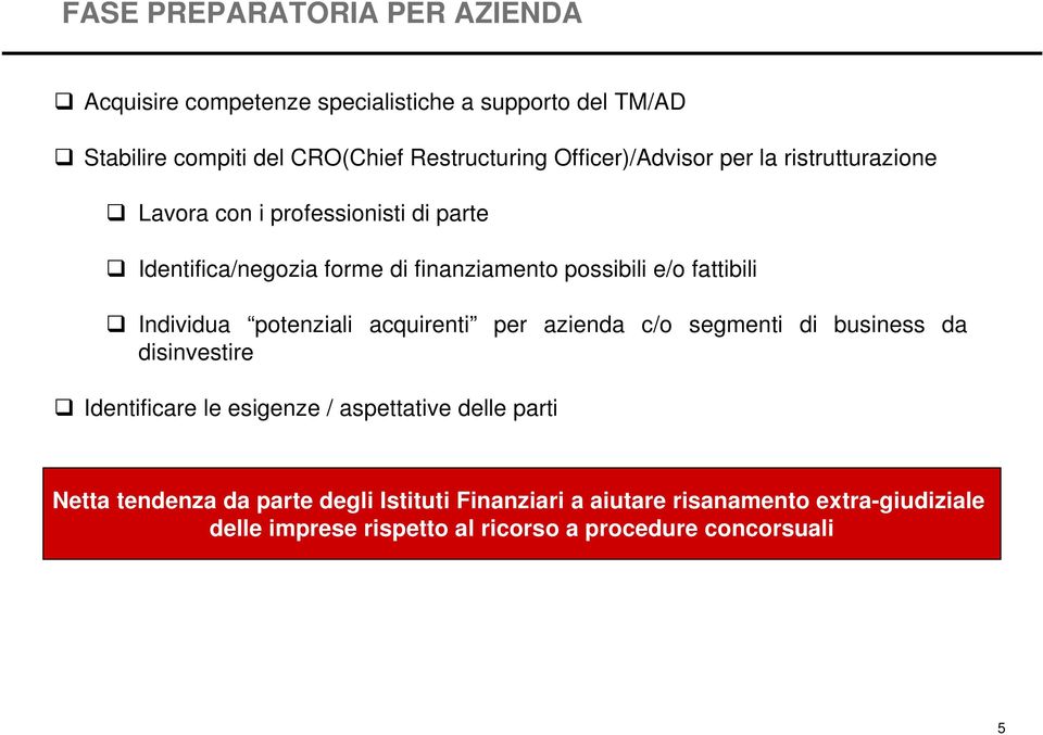 fattibili Individua potenziali acquirenti per azienda c/o segmenti di business da disinvestire Identificare le esigenze / aspettative delle