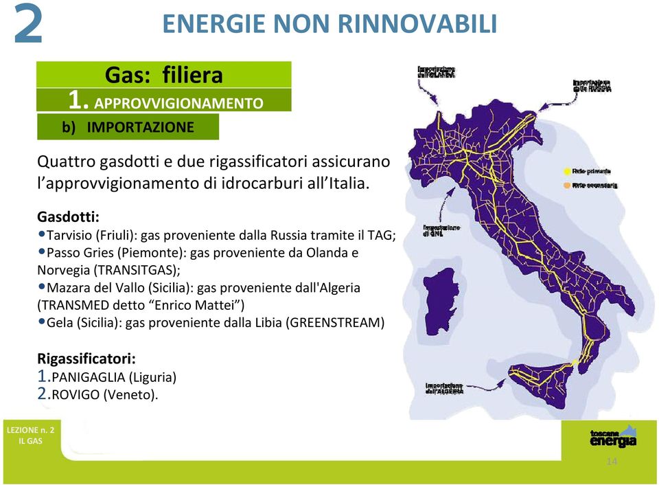 Gasdotti: Tarvisio (Friuli): gas proveniente dalla Russia tramite il TAG; Passo Gries (Piemonte): gas proveniente da Olanda e