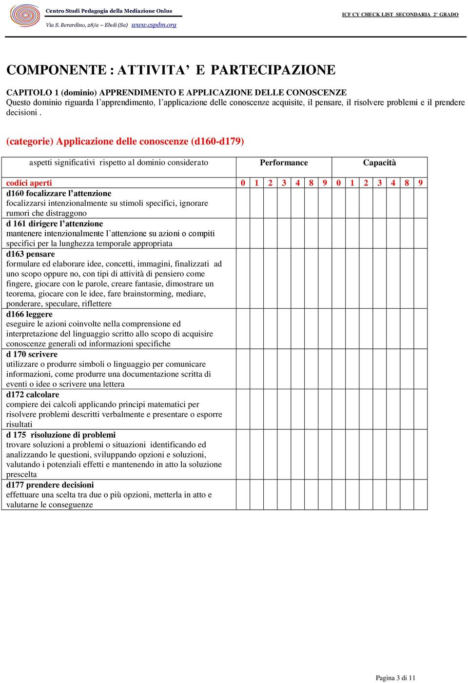 (categorie) Applicazione delle conoscenze (d160-d179) aspetti significativi rispetto al dominio considerato Performance Capacità d160 focalizzare l attenzione focalizzarsi intenzionalmente su stimoli