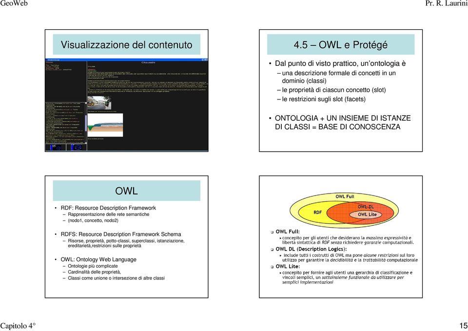 restrizioni sugli slot (facets) ONTOLOGIA + UN INSIEME DI ISTANZE DI CLASSI = BASE DI CONOSCENZA OWL RDF: Resource Description Framework Rappresentazione delle rete