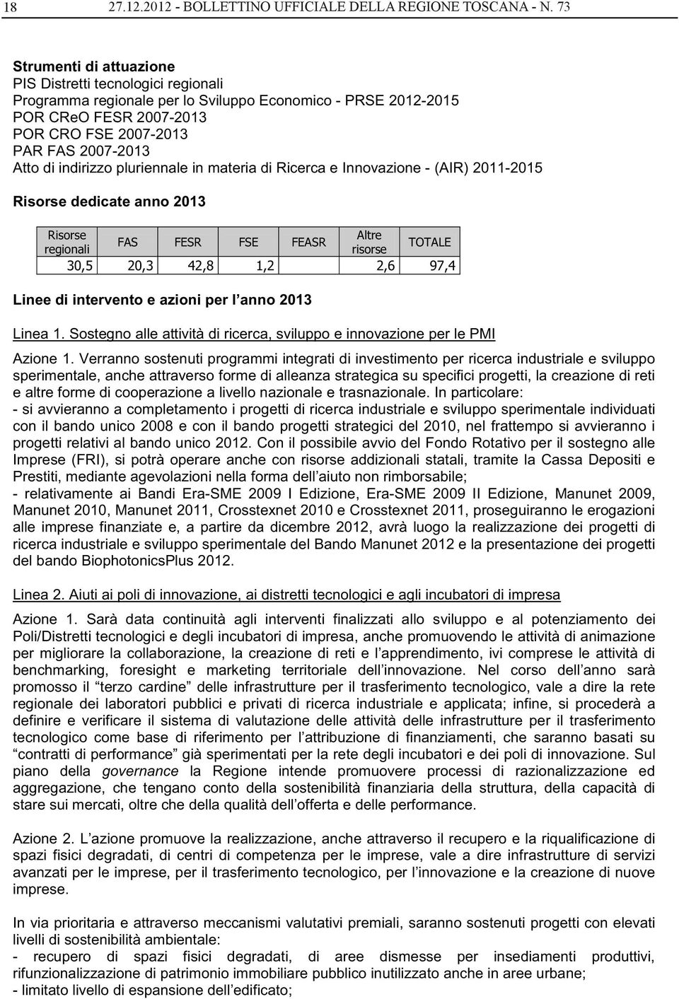 indirizzo pluriennale in materia di Ricerca e Innovazione - (AIR) 2011-2015 Risorse dedicate anno 2013 Linee di intervento e azioni per l anno 2013 Linea 1.