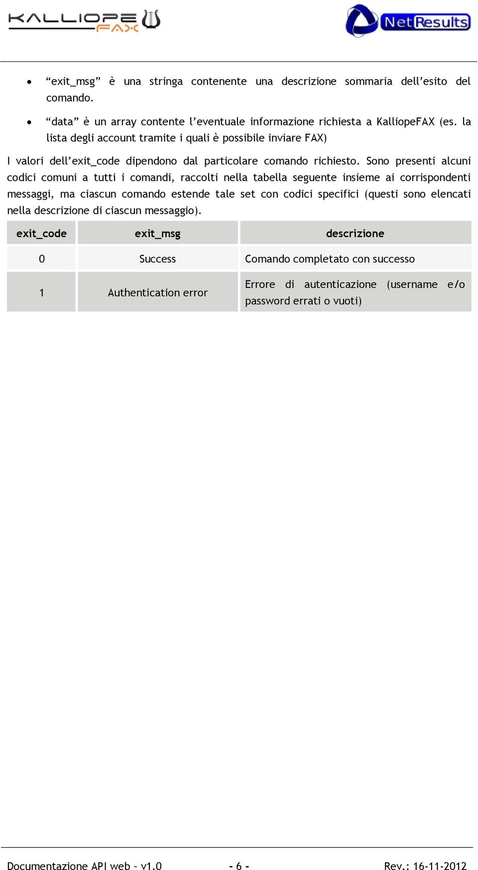 Sono presenti alcuni codici comuni a tutti i comandi, raccolti nella tabella seguente insieme ai corrispondenti messaggi, ma ciascun comando estende tale set con codici specifici (questi