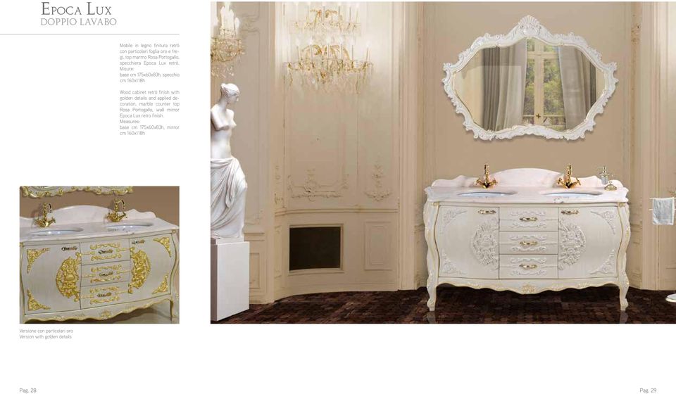 Misure: base cm 175x60x83h, specchio cm 160x118h Wood cabinet retrò finish with golden details and applied