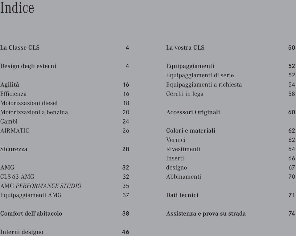 50 Equipaggiamenti 52 Equipaggiamenti di serie 52 Equipaggiamenti a richiesta 5 4 Cerchi in lega 58 Accessori Originali 60 Colori e