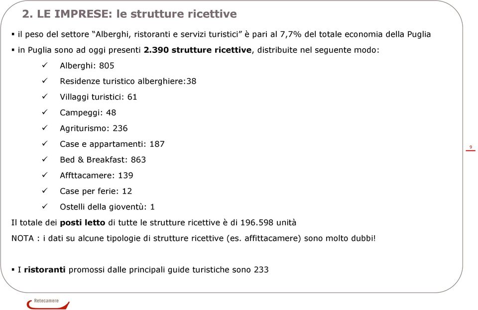 39 strutture ricettive, distribuite nel seguente modo: Alberghi: 85 Residenze turistico alberghiere:38 Villaggi turistici: 6 Campeggi: 48 Agriturismo: 236 Case e