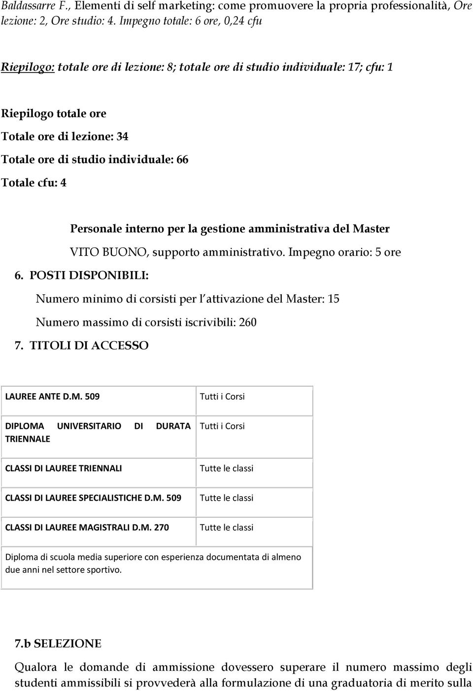 Totale cfu: 4 Personale interno per la gestione amministrativa del Master VITO BUONO, supporto amministrativo. Impegno orario: 5 ore 6.