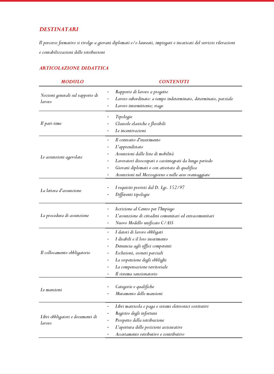 di lavoro CONTENUTI - Rapporto di lavoro a progetto - Lavoro subordinato: a tempo indeterminato, determinato, parziale - Lavoro intermittente; stage - Tipologie - Clausole elastiche e flessibili - Le