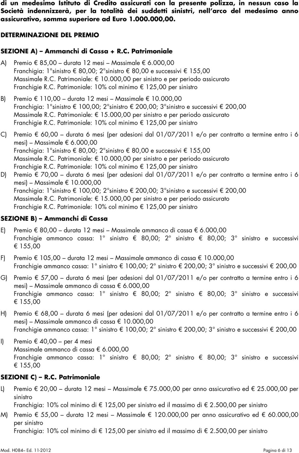 000,00 Franchigia: 1 sinistro 80,00; 2 sinistro 80,00 e successivi 155,00 Massimale R.C. Patrimoniale: 10.000,00 per sinistro e per periodo assicurato Franchigie R.C. Patrimoniale: 10% col minimo 125,00 per sinistro B) Premio 110,00 durata 12 mesi Massimale 10.