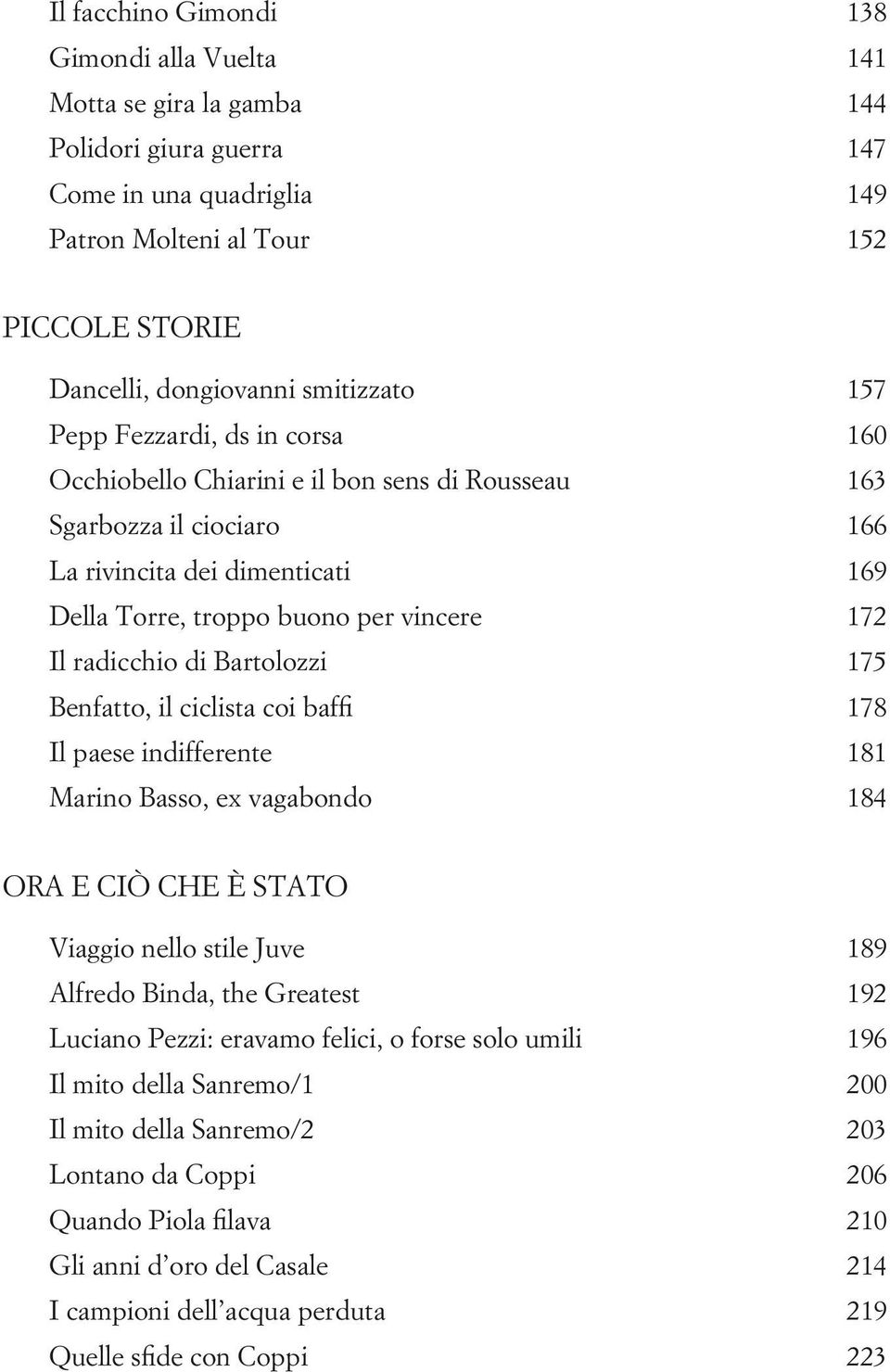 Il radicchio di Bartolozzi 175 Benfatto, il ciclista coi baffi 178 Il paese indifferente 181 Marino Basso, ex vagabondo 184 Ora e ciò che è stato Viaggio nello stile Juve 189 Alfredo Binda, the