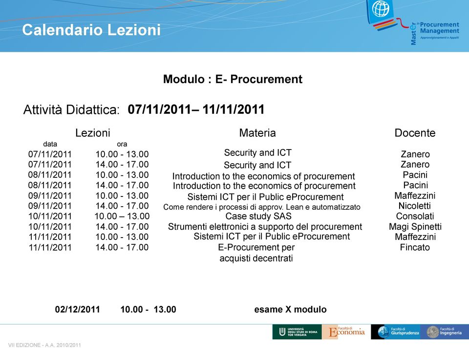 00-17.00 Come rendere i processi di approv. Lean e automatizzato Nicoletti 10/11/2011 10.00 13.00 Case study SAS Consolati 10/11/2011 14.00-17.00 Strumenti elettronici a supporto del procurement Magi Spinetti 11/11/2011 10.