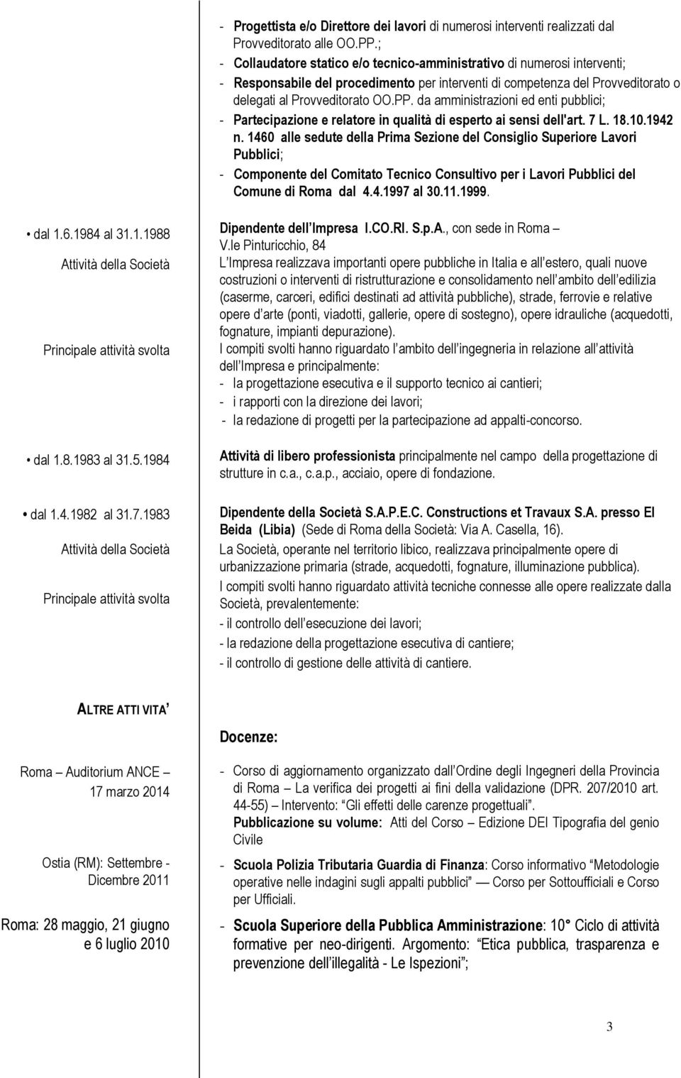 da amministrazioni ed enti pubblici; - Partecipazione e relatore in qualità di esperto ai sensi dell'art. 7 L. 18.10.1942 n.