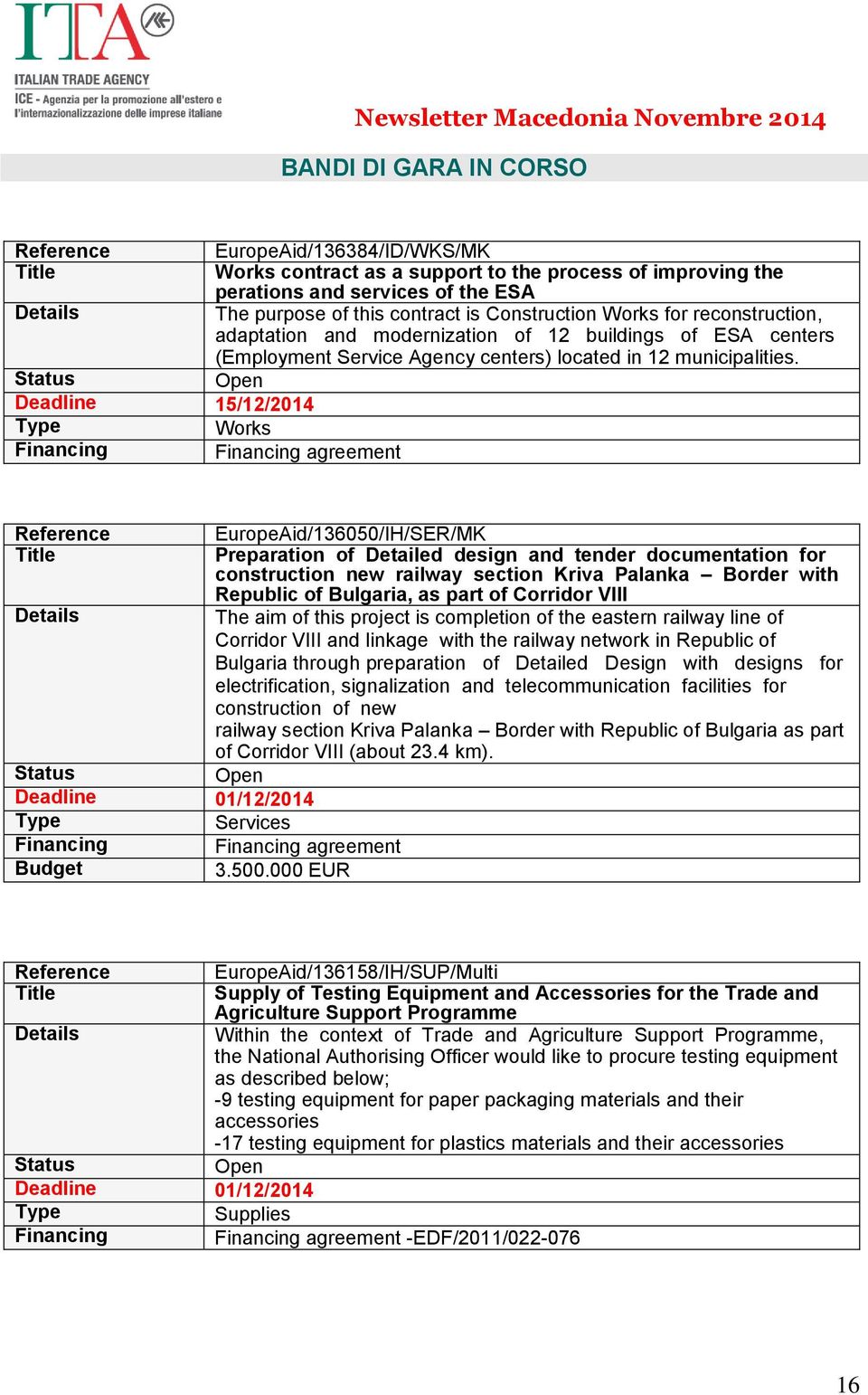 Status Open Deadline 15/12/2014 Type Works Financing Financing agreement Reference EuropeAid/136050/IH/SER/MK Title Preparation of Detailed design and tender documentation for construction new