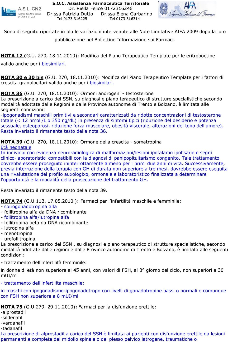 sui Farmaci. NOTA 12 (G.U. 270, 18.11.2010): Modifica del Piano Terapeutico Template per le eritropoetine valido anche per i biosimilari. NOTA 30 e 30 bis (G.U. 270, 18.11.2010): Modifica del Piano Terapeutico Template per i fattori di crescita granulocitari valido anche per i biosimilari.