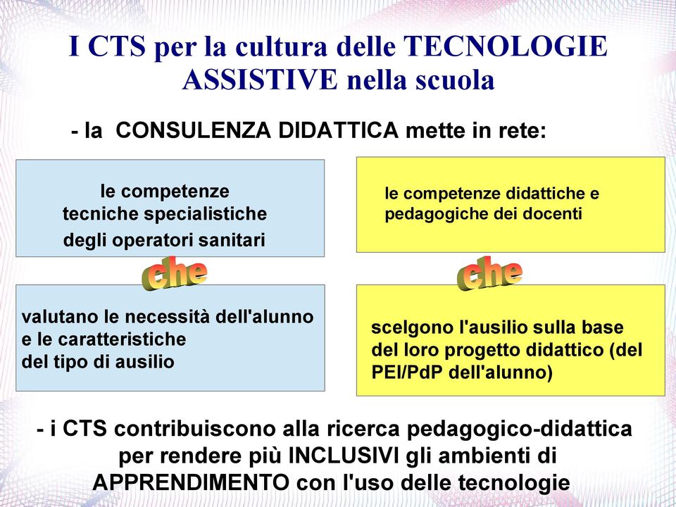 didattiche e pedagogiche dei docenti scelgono l'ausilio sulla base del loro progetto didattico (del PEI/PdP dell'alunno) - i CTS