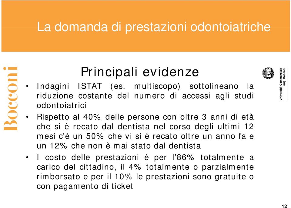 di età che si è recato dal dentista nel corso degli ultimi 12 mesi c è cèun 50% che vi si è recato oltre un anno fa e un 12% che non è mai