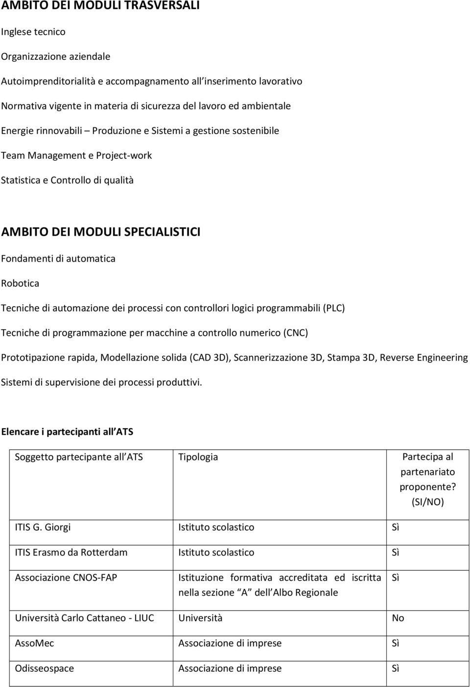 Robotica Tecniche di automazione dei processi con controllori logici programmabili (PLC) Tecniche di programmazione per macchine a controllo numerico (CNC) Prototipazione rapida, Modellazione solida