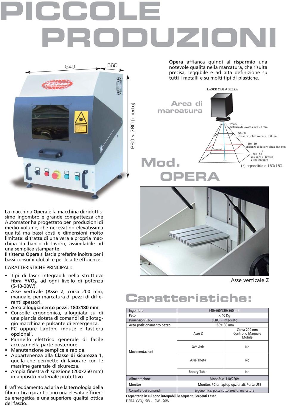 OPERA 29x29 circa 73 mm 60x60 circa 100 mm 110x110 circa 184 mm * 155x155 circa 300 mm (*) espandibile a 180x180 La macchina Opera è la macchina di ridottissimo ingombro e grande compattezza che