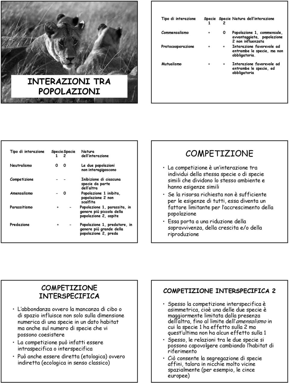 INTERAZIONI TRA POPOLAZIONI Mutualismo + + Interazione favorevole ad entrambe le specie, ed obbligatoria Tipo di interazione Specie Specie 1 2 Natura dell interazione COMPETIZIONE Neutralismo 0 0 Le