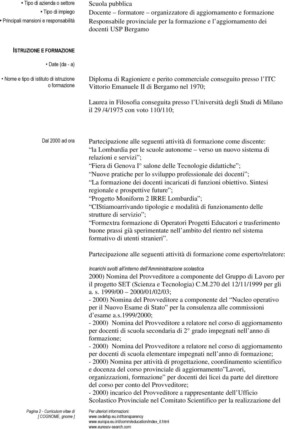 Vittorio Emanuele II di Bergamo nel 1970; Laurea in Filosofia conseguita presso l Università degli Studi di Milano il 29 /4/1975 con voto 110/110; Dal 2000 ad ora Partecipazione alle seguenti