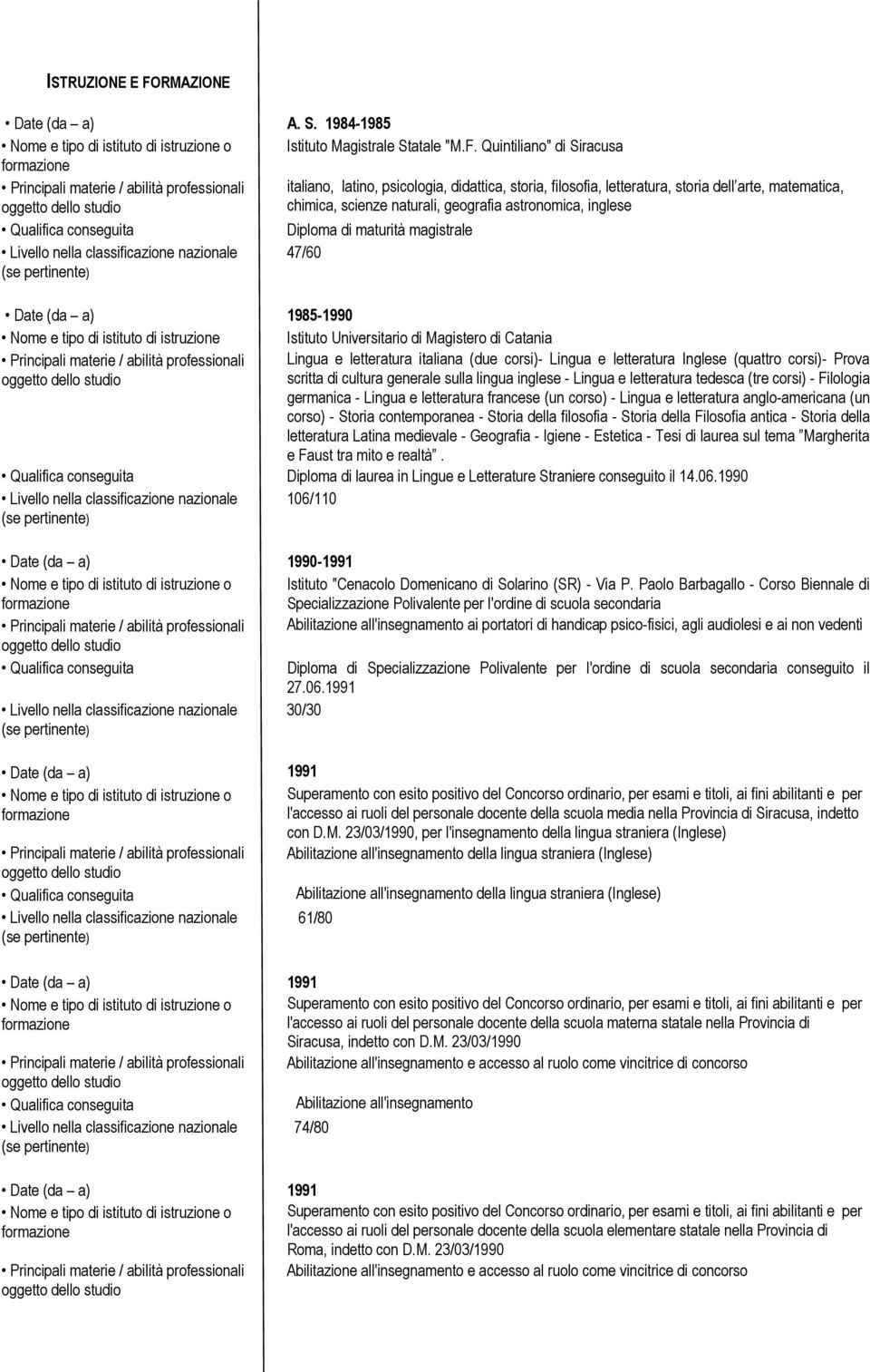 Quintiliano" di Siracusa italiano, latino, psicologia, didattica, storia, filosofia, letteratura, storia dell arte, matematica, chimica, scienze naturali, geografia astronomica, inglese Diploma di