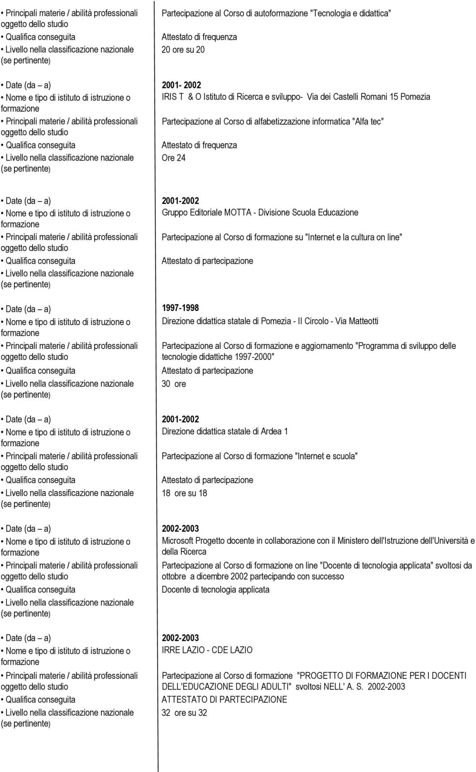 al Corso di e aggiornamento "Programma di sviluppo delle tecnologie didattiche 1997-2000" 30 ore 2001-2002 Direzione didattica statale di Ardea 1 Partecipazione al Corso di "Internet e scuola" 18 ore