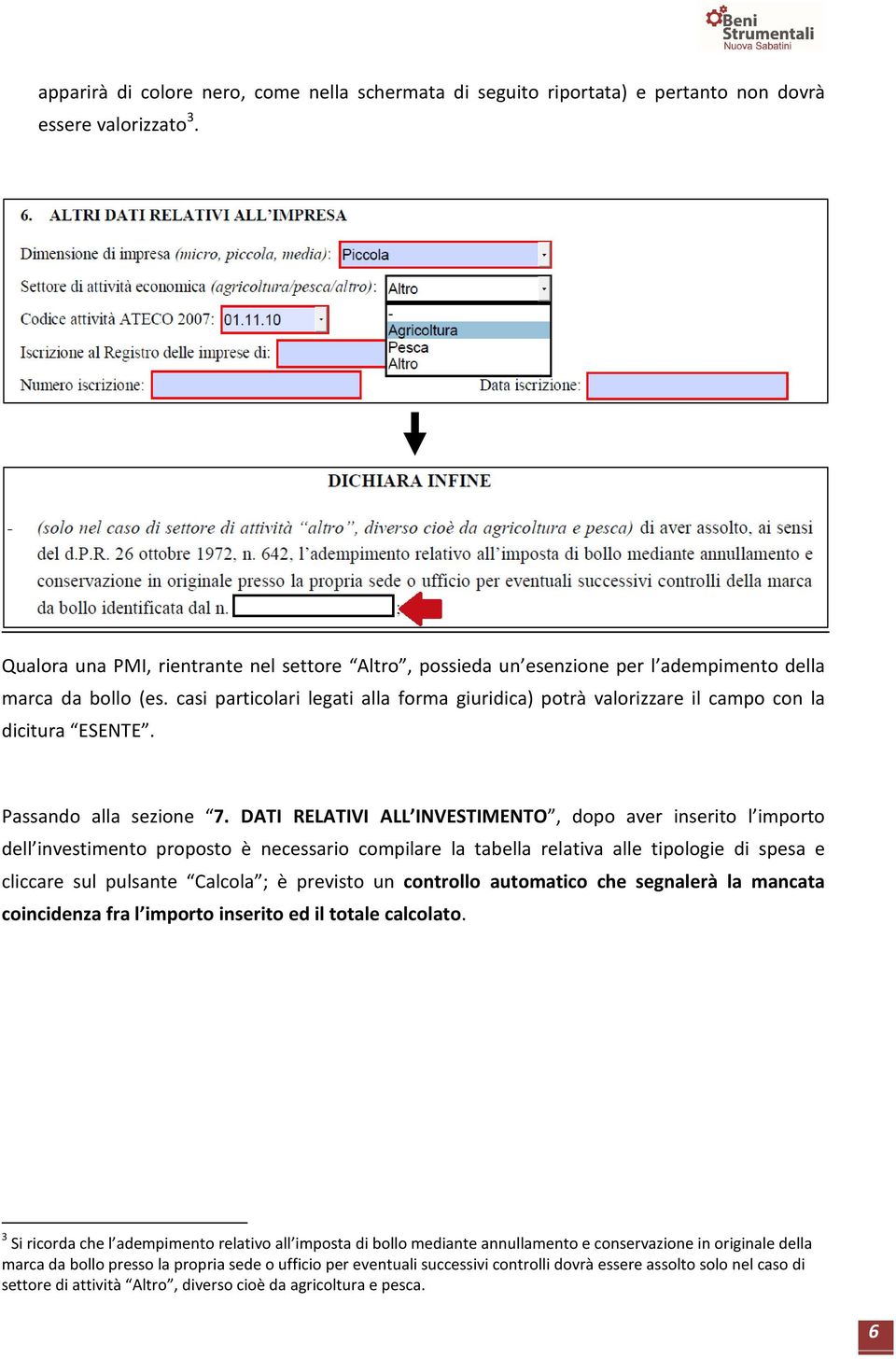 casi particolari legati alla forma giuridica) potrà valorizzare il campo con la dicitura ESENTE. Passando alla sezione 7.