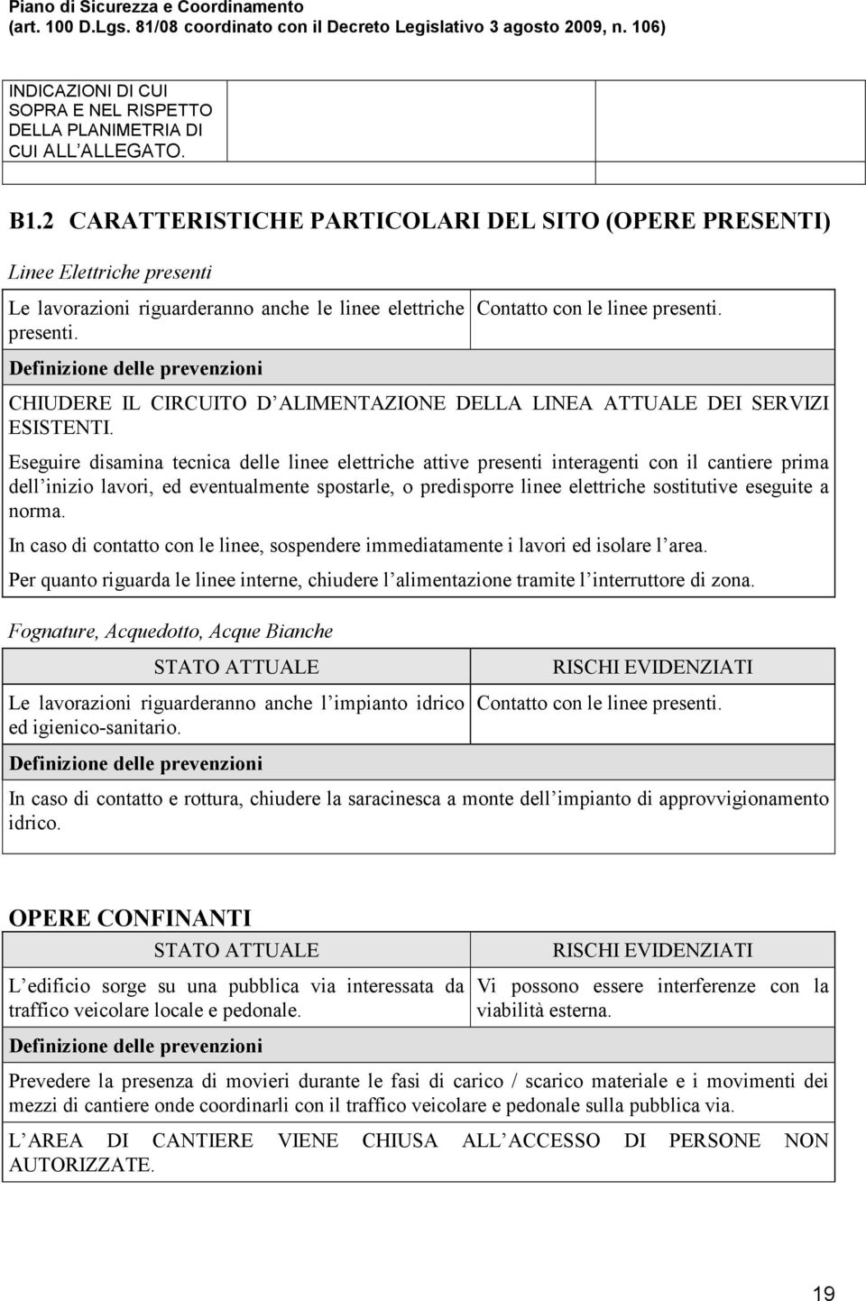 Definizione delle prevenzioni CHIUDERE IL CIRCUITO D ALIMENTAZIONE DELLA LINEA ATTUALE DEI SERVIZI ESISTENTI.