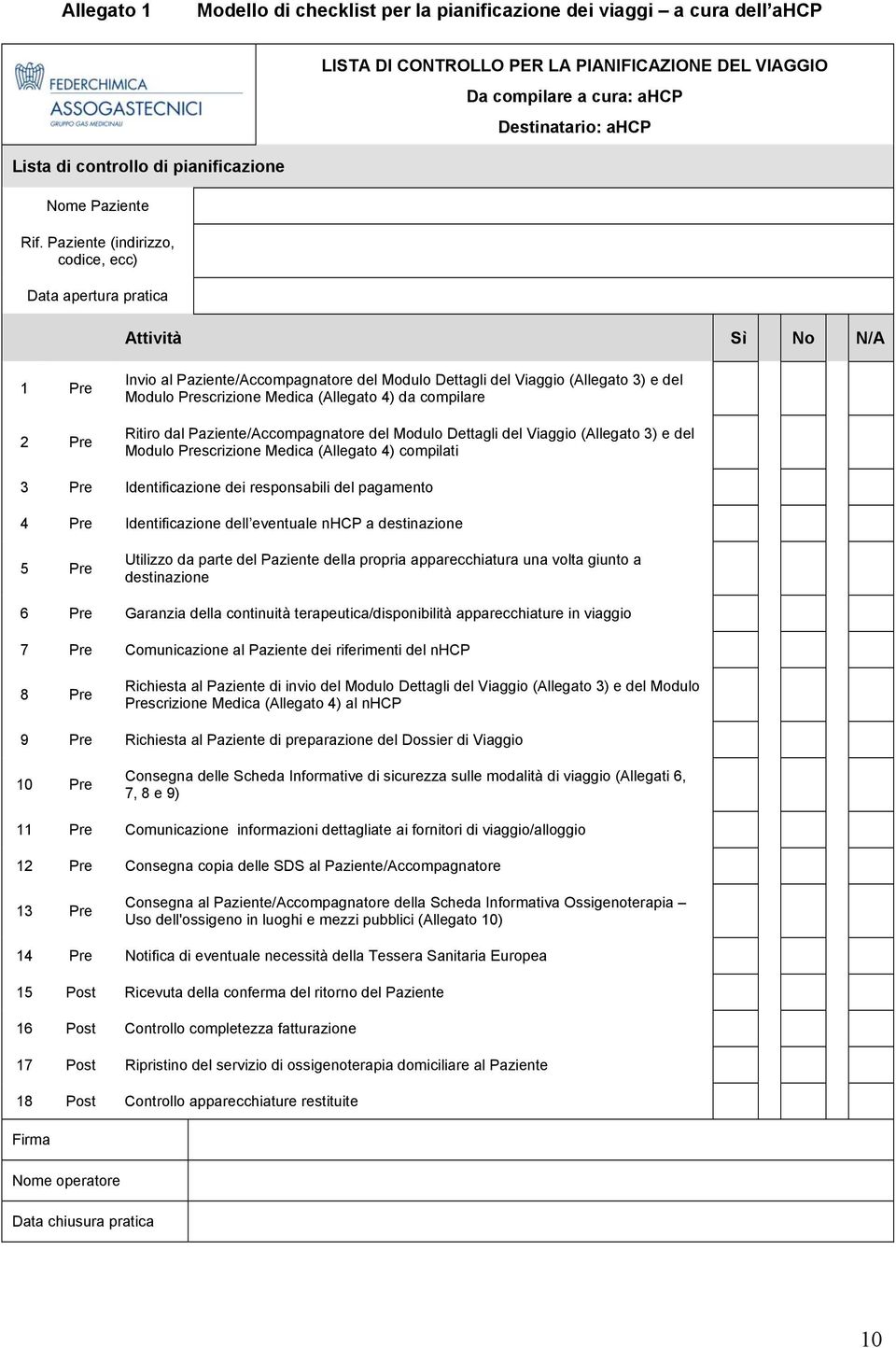 Paziente (indirizzo, codice, ecc) Data apertura pratica Attività Sì No N/A 1 Pre 2 Pre Invio al Paziente/Accompagnatore del Modulo Dettagli del Viaggio (Allegato 3) e del Modulo Prescrizione Medica