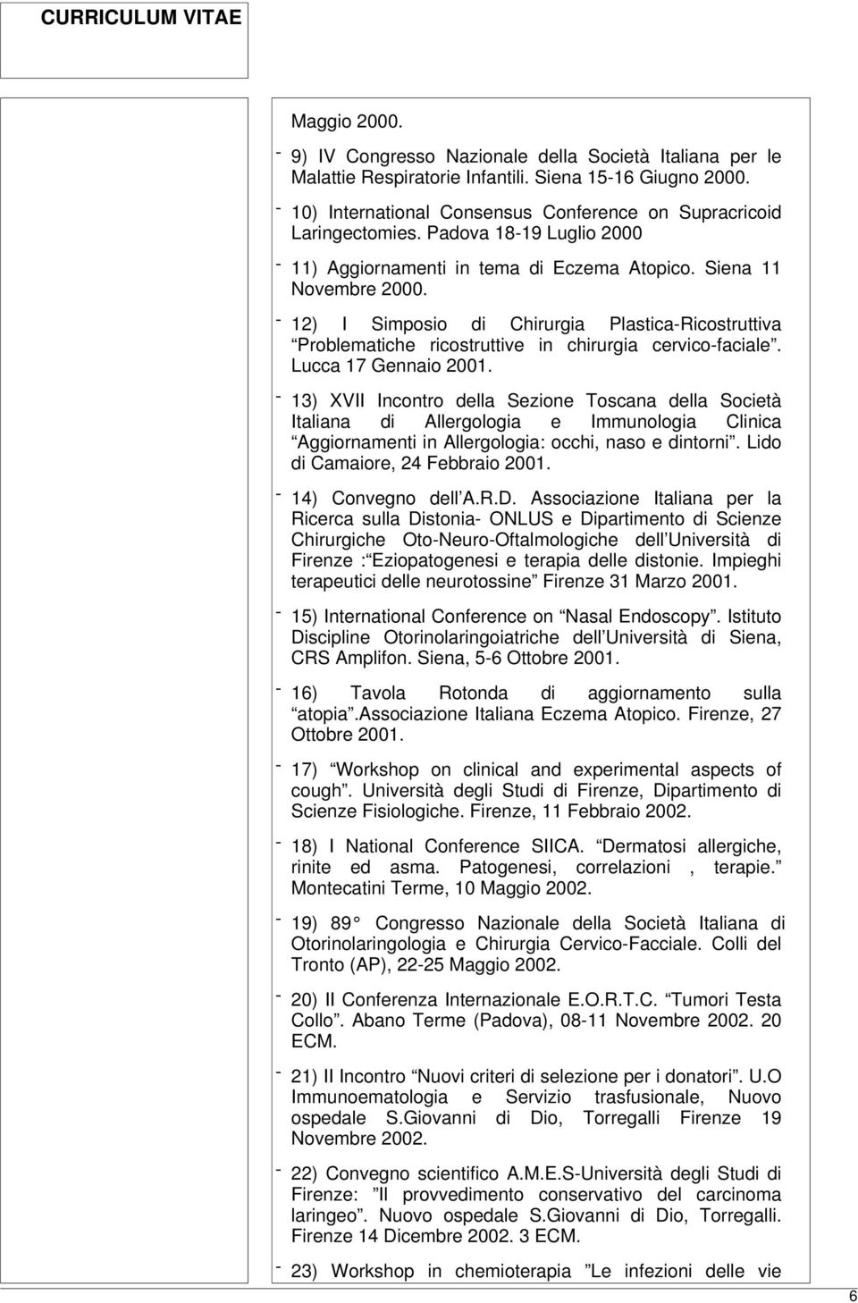 - 12) I Simposio di Chirurgia Plastica-Ricostruttiva Problematiche ricostruttive in chirurgia cervico-faciale. Lucca 17 Gennaio 2001.