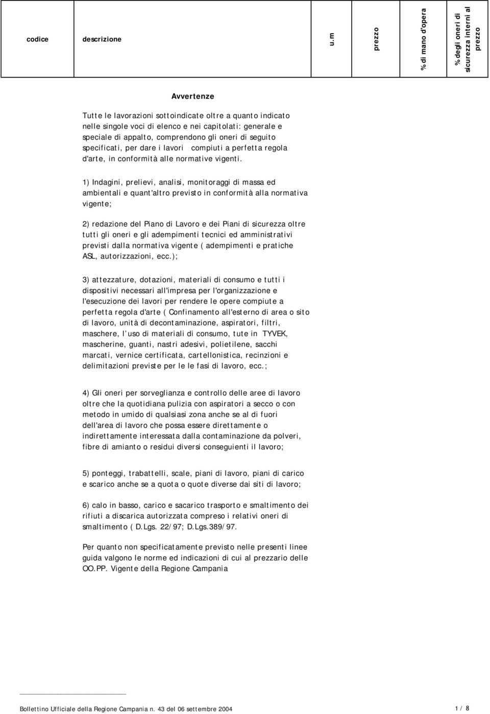 1) Indagini, prelievi, analisi, monitoraggi di massa ed ambientali e quant'altro previsto in conformità alla normativa vigente; 2) redazione del Piano di Lavoro e dei Piani di sicurezza oltre tutti