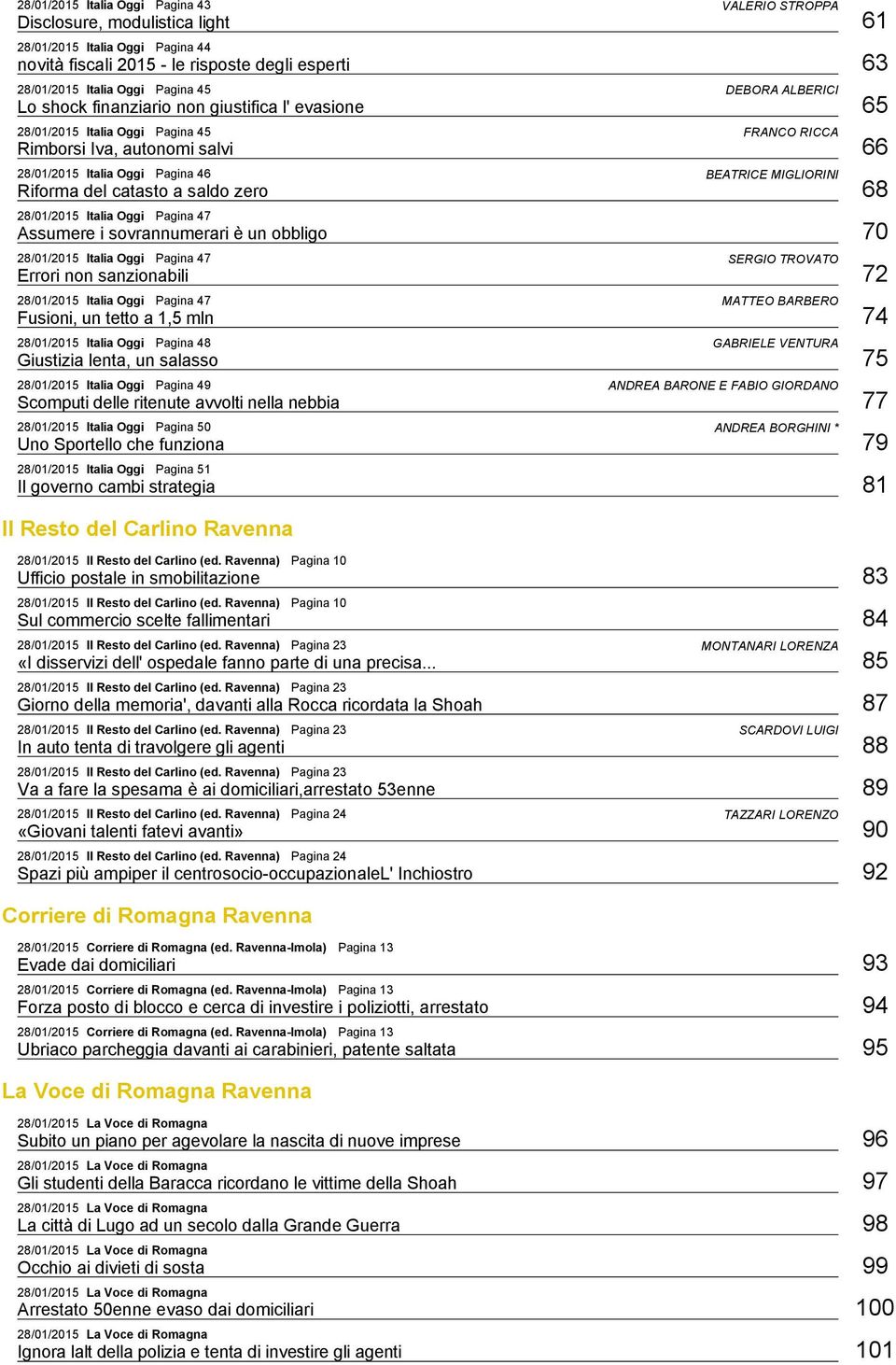 Riforma del catasto a saldo zero 68 28/01/2015 Italia Oggi Pagina 47 Assumere i sovrannumerari è un obbligo 70 28/01/2015 Italia Oggi Pagina 47 SERGIO TROVATO Errori non sanzionabili 72 28/01/2015