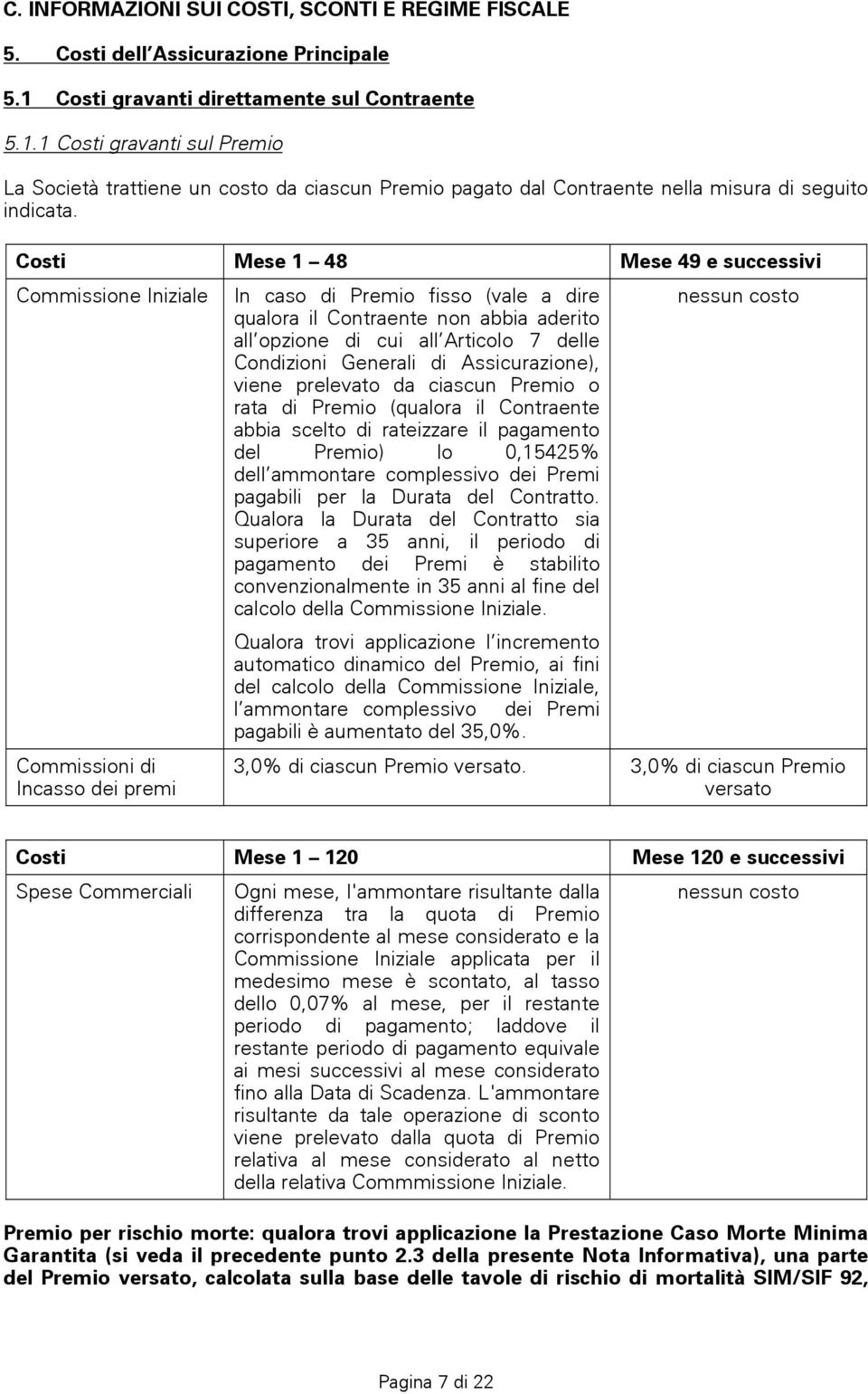 Costi Mese 1 48 Mese 49 e successivi Commissione Iniziale In caso di Premio fisso (vale a dire qualora il Contraente non abbia aderito all opzione di cui all Articolo 7 delle Condizioni Generali di