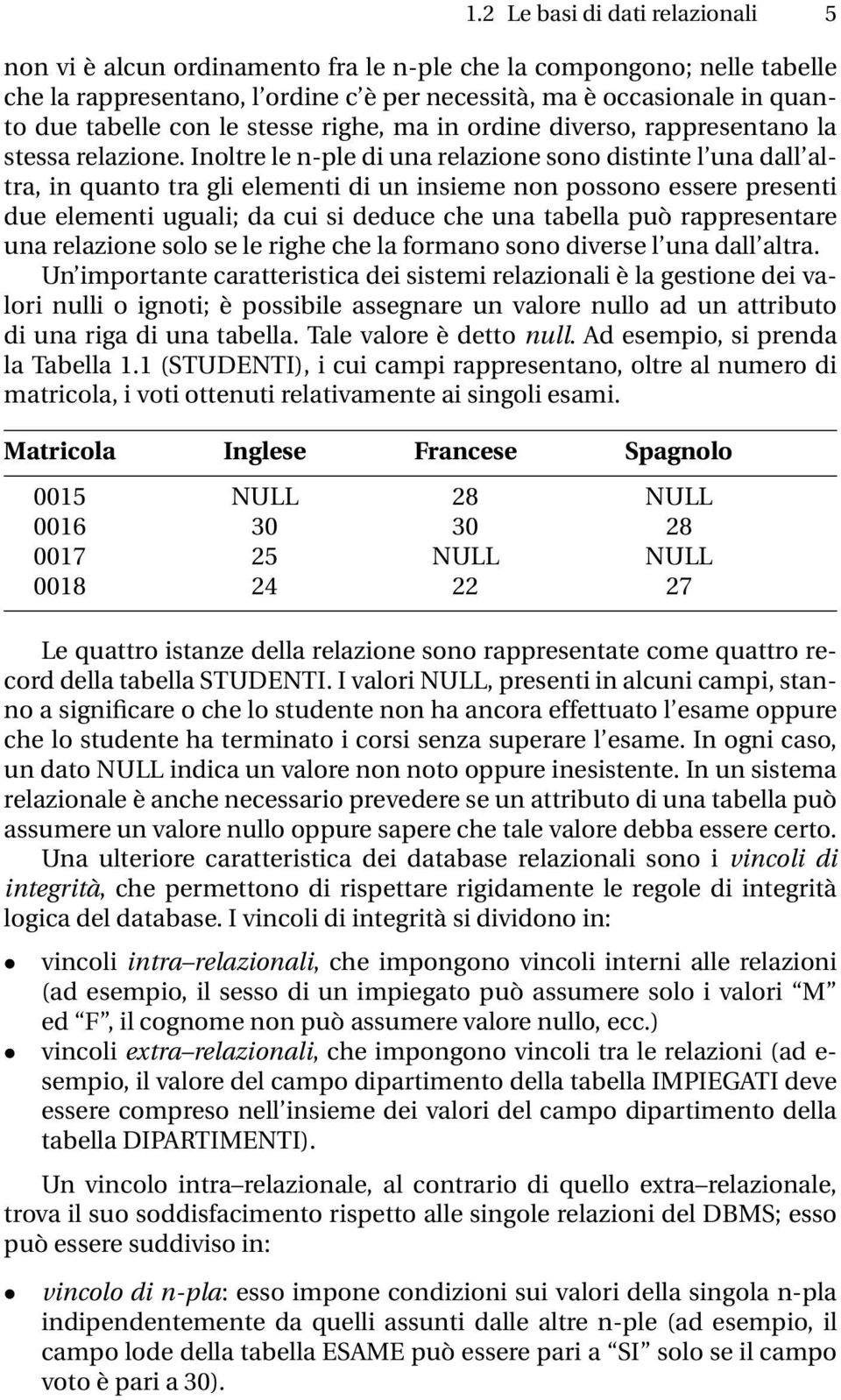 Inoltre le n-ple di una relazione sono distinte l una dall altra, in quanto tra gli elementi di un insieme non possono essere presenti due elementi uguali; da cui si deduce che una tabella può