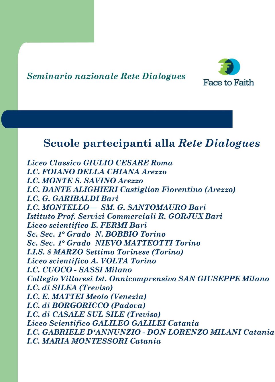 VOLTA Torino I.C. CUOCO - SASSI Milano Collegio Villoresi Ist. Onnicomprensivo SAN GIUSEPPE Milano I.C. di SILEA (Treviso) I.C. E. MATTEI Meolo (Venezia) I.C. di BORGORICCO (Padova) I.C. di CASALE SUL SILE (Treviso) Liceo Scientifico GALILEO GALILEI Catania I.