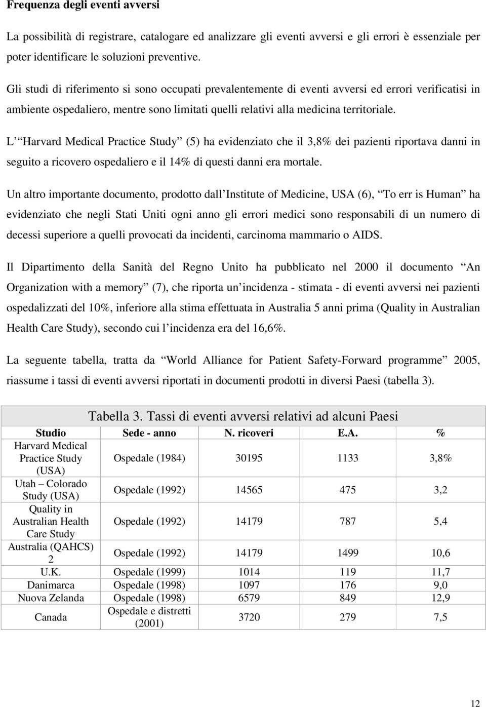 L Harvard Medical Practice Study (5) ha evidenziato che il 3,8% dei pazienti riportava danni in seguito a ricovero ospedaliero e il 14% di questi danni era mortale.