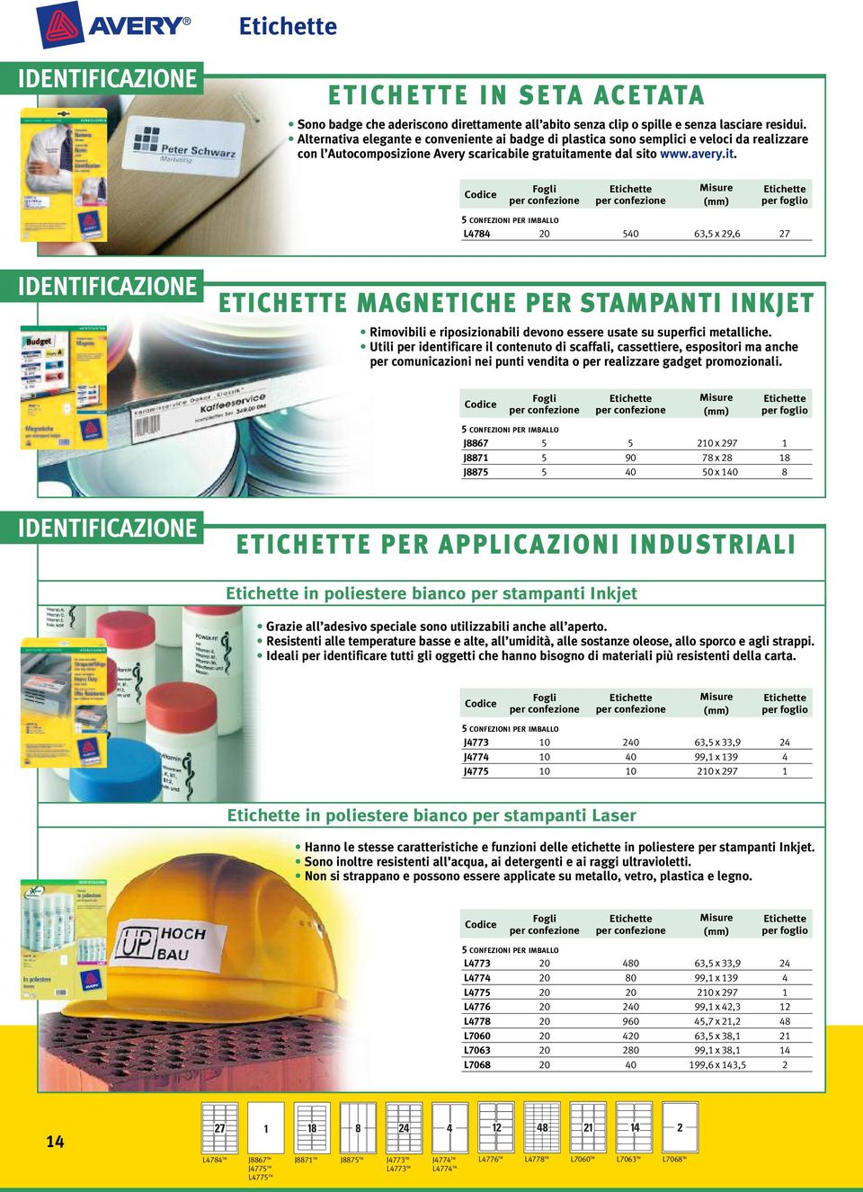 mente dal sito www.avery.it. L474 540 63,5 x,6 7 IDENTIFICAZIONE ETICHETTE MAGNETICHE PER STAMPANTI INKJET Rimovibili e riposizionabili devono essere usate su superfici metalliche.