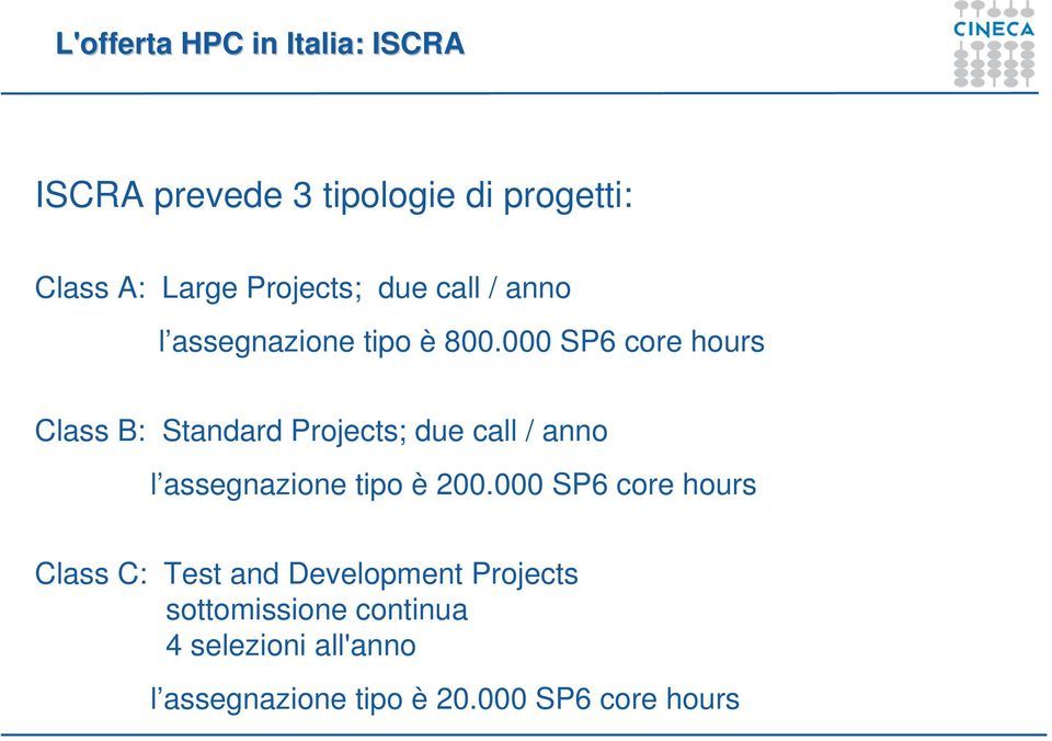 000 SP6 core hours Class B: Standard Projects; due call / anno l assegnazione tipo è 200.