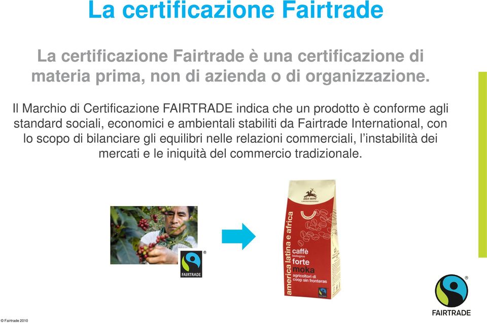 Il Marchio di Certificazione FAIRTRADE indica che un prodotto è conforme agli standard sociali, economici
