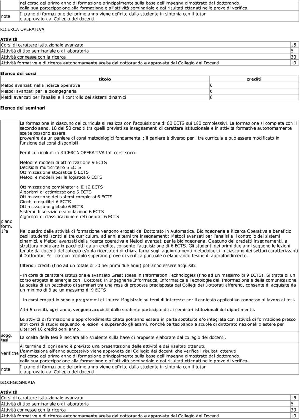 RICERCA OPERATIVA Attività Corsi di carattere istituzionale avanzato 15 Attività di tipo seminariale o di laboratorio 5 Attività connesse con la ricerca 30 Attività formative e di ricerca