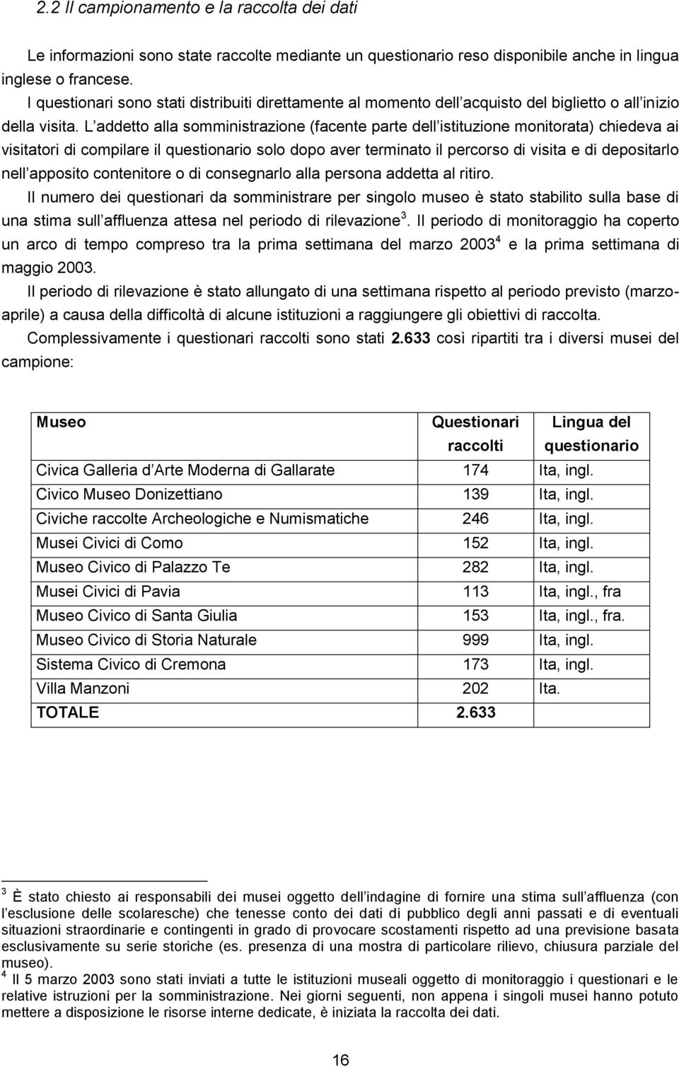 L addetto alla somministrazione (facente parte dell istituzione monitorata) chiedeva ai visitatori di compilare il questionario solo dopo aver terminato il percorso di visita e di depositarlo nell